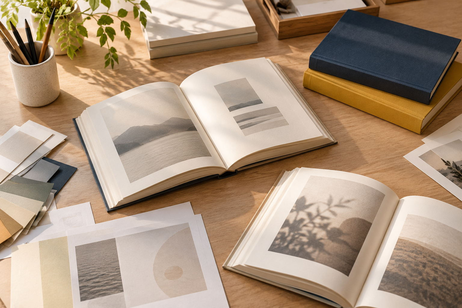 Ilustrasi buku dan lembar cetak di meja editorial