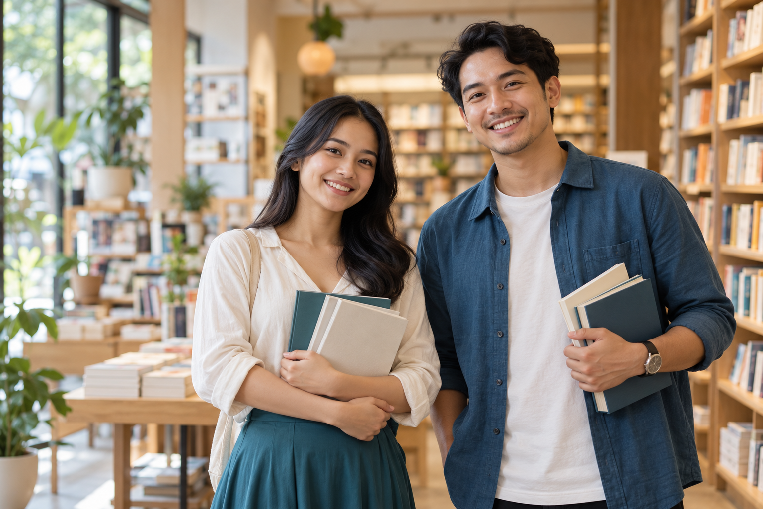 Ilustrasi dua pembaca dewasa membawa buku di ruang baca